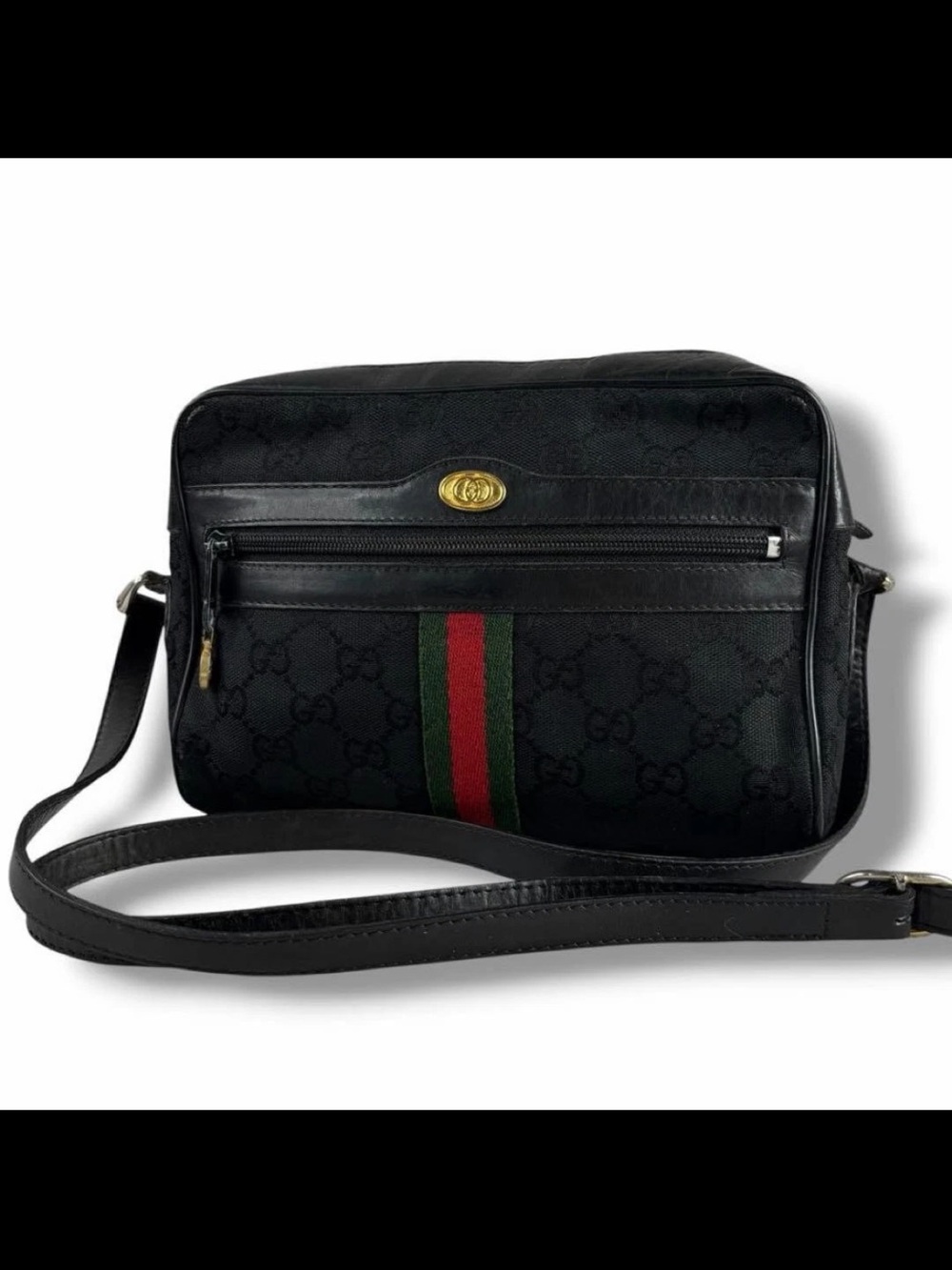 Gucci Black GG Canvas Messenger with Green-Red Web Stripe